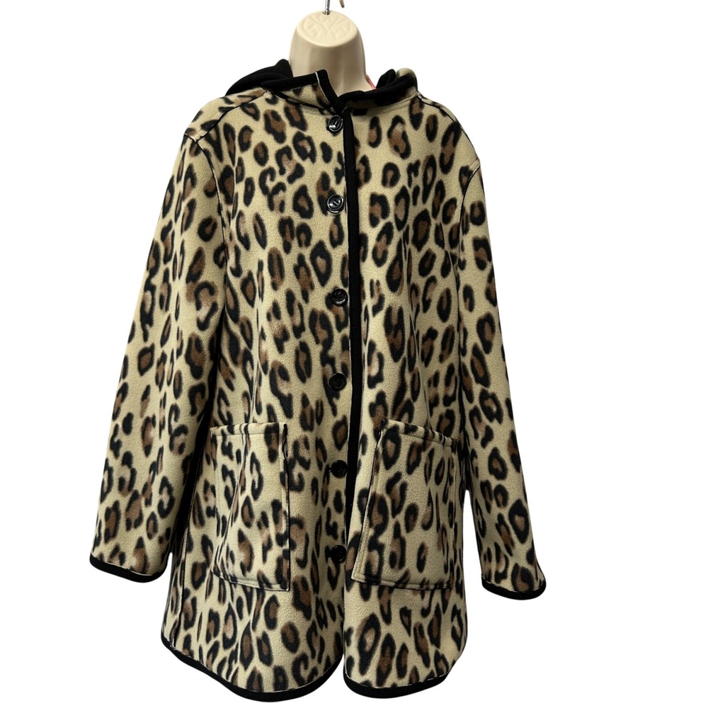 Reversible Leopard Print Fleece Hooded Coat Black Animal Pattern Button Jacket